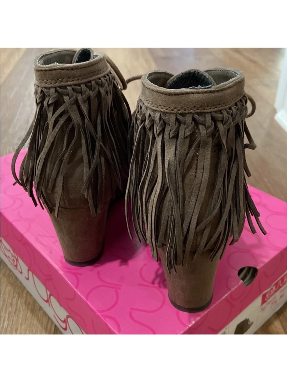 Fringe Lace-Up Wedge Ankle Boots